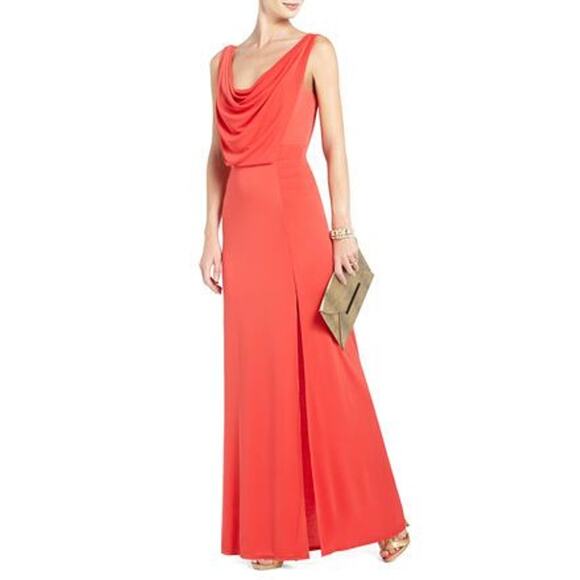 BCBG MAXAZRIA Lena Draped Scoop Back High Slit Maxi Evening Dress Orange Size XS
